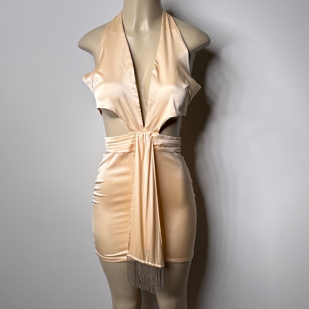Oh Polly Satin Halter Mini Dress in Champagne and Blush